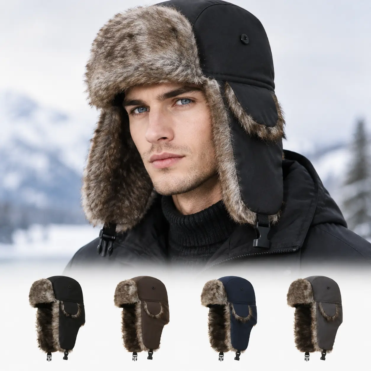 【Black Friday】Unisex Faux Fur Trapper Hat with Ear Flaps - Warm Windproof Winter Aviator Hat for Skiing, Snow & Outdoor Sports