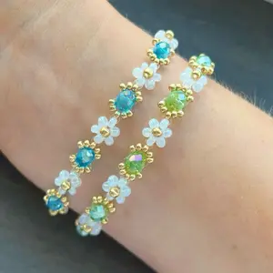 Beaded Flower Bracelet Set - Handmade Seed Bead Jewelry with White Flowers, Green and Blue Crystal Accents