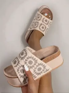 Women's Fashionable Boho Style Ethnic Pattern Slip on Sandals, Boho Style Slides, Casual Comfortable Platform Sandals for Beach Vacation, Soft Bottom Sandals for Daily Wear, Walking Shoes, Casual Flat Sandals
