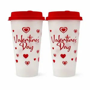 Set of 2 Valentine's Day Reusable Plastic Cups with Lids 16oz Cute Heart Design Food-Grade Drink Cups for Special Occasions
