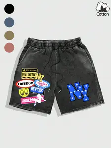 Men's American Streetwear Vintage Ny Cotton Graphic Shorts, New York Theme Patchwork Print, Drawstring Waist, Multiple Colors, Casual Wear