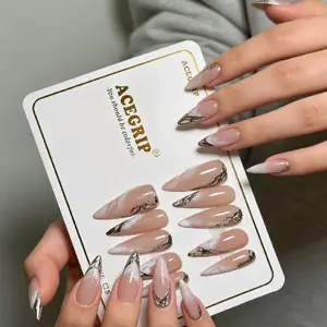 10 Pcs Handmade Nude Gradient Nail Tips, Marble Pattern Luxury Long Almond Nails, Elegant Wearable False Nails