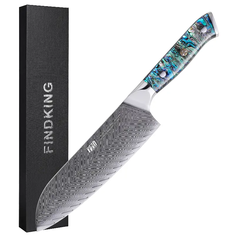 FINDKING Gorgeous Series 7 Inch Santoku Knife, Japanese Style Knife, 67 Layers Damascus Steel, Razor-Sharp Blade, Resin Abalone Shell Handle, Professional Kitchen Chef Knife, Cutting for Fish Meat Vegetable Fruit