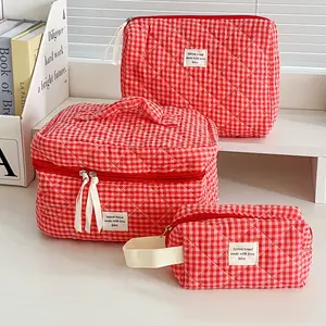 Coquette Aesthetic Red Gingham Quilted Makeup Bag Dainty Ruffle Plaid Cosmetic Pouch Cottagecore Travel Toiletry Organizer