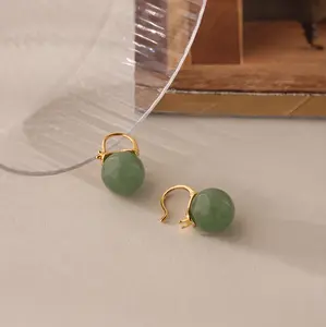 Jade Dome Drop Earrings by Caitlyn Minimalist - Dainty Green Crystal Ball Earrings - Gemstone Sphere Hoop Earrings - Boho Crystal Jewelry - Sister Gift