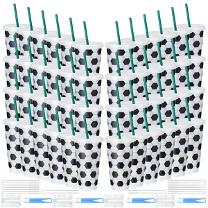 48pcs Bulk Set -Reusable 24oz Soccer Print Plastic Cups, Containers for Juices, Beverages, Iced Tea, and Homemade Drinks For Football Games, Sports Events, Back to School, Halloween, Thanksgiving, Christmas Parties, Dorm Room, and Gift Giving