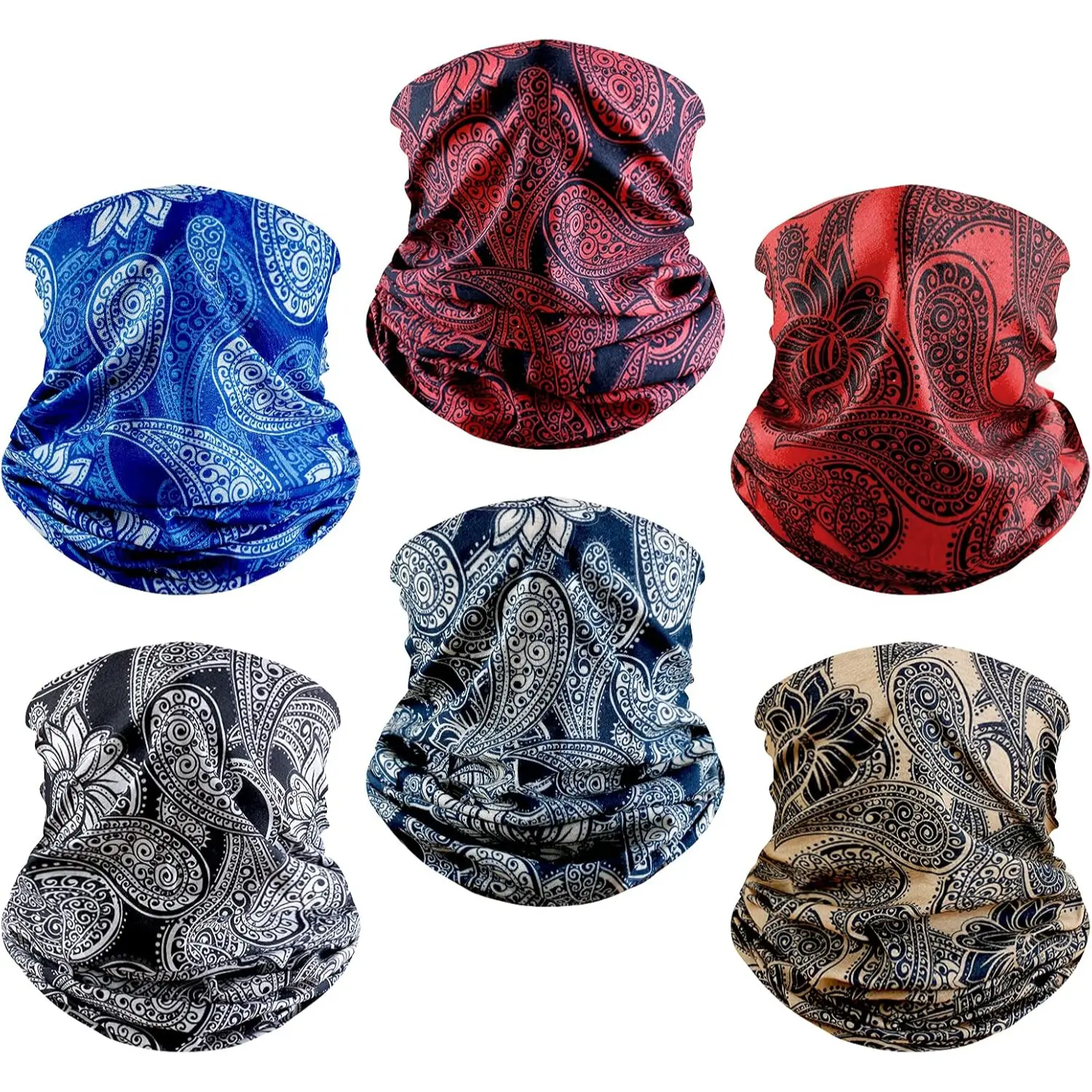 Unisex 6-Pack Polyester Neck Gaiter Balaclava - 1-Size, Stretch Fit, Cooling, Breathable Sporty Face Covers for Outdoor Sun Protection