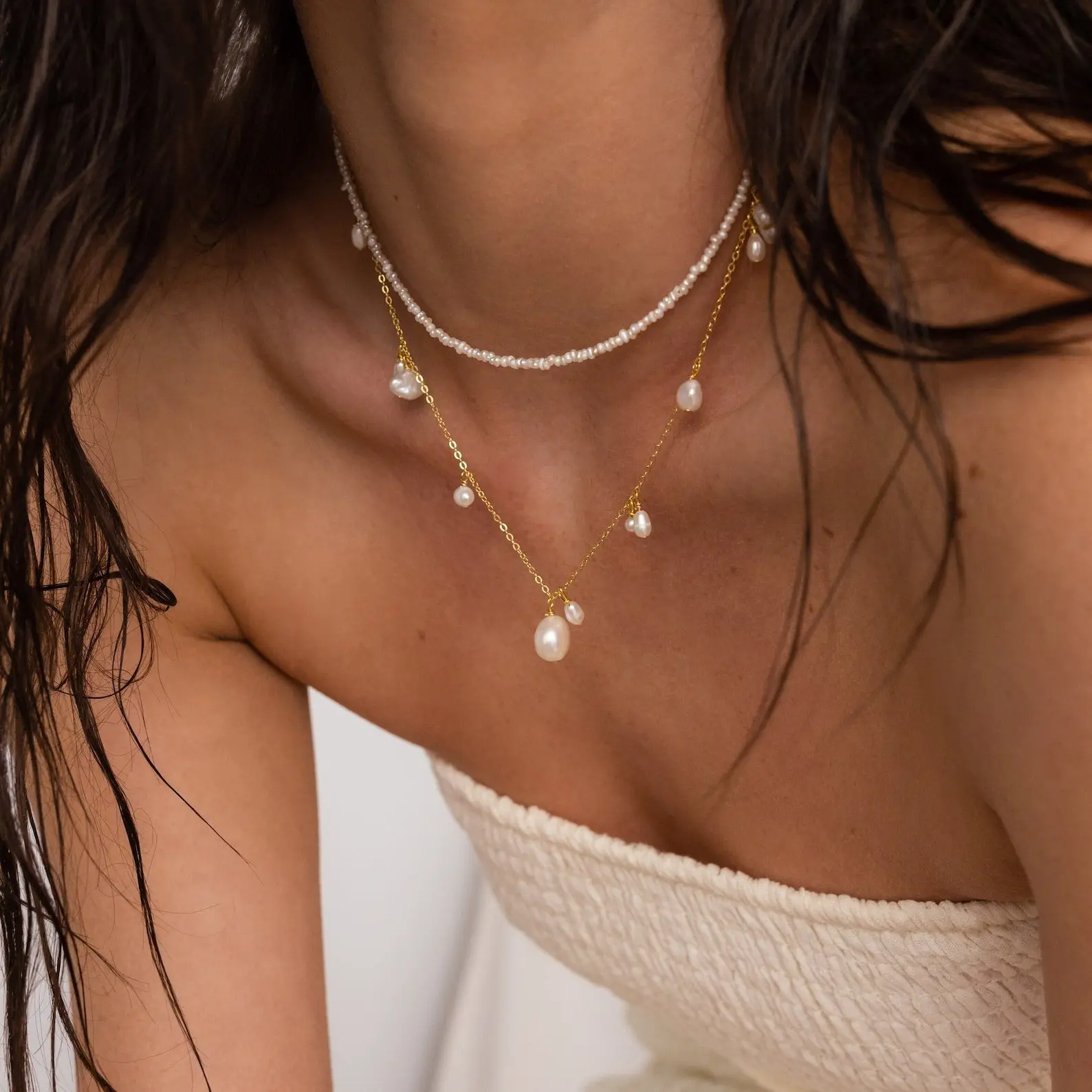Baroque Pearl Station Necklace by Caitlyn Minimalist - Boho Pearl Charm Layering Necklace - Summer Jewelry - Best Friend Gift