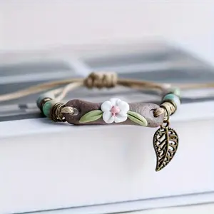 [Handmade Ceramic Bracelet] Handmade Ceramic Beaded Bracelet, Adjustable Ethnic Style Handmade Bracelet, Rustic Charm Accessory Bracelet with Leaf Pendant, Ceramic Floral Small Jewelry, Friendship Bracelet for Best Friends
