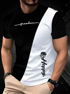 Men's Casual Simple 3D Letter Print Polyester Short Sleeve T-Shirt, Slightly Elastic Knit Fabric, Breathable Comfort, All Seasons