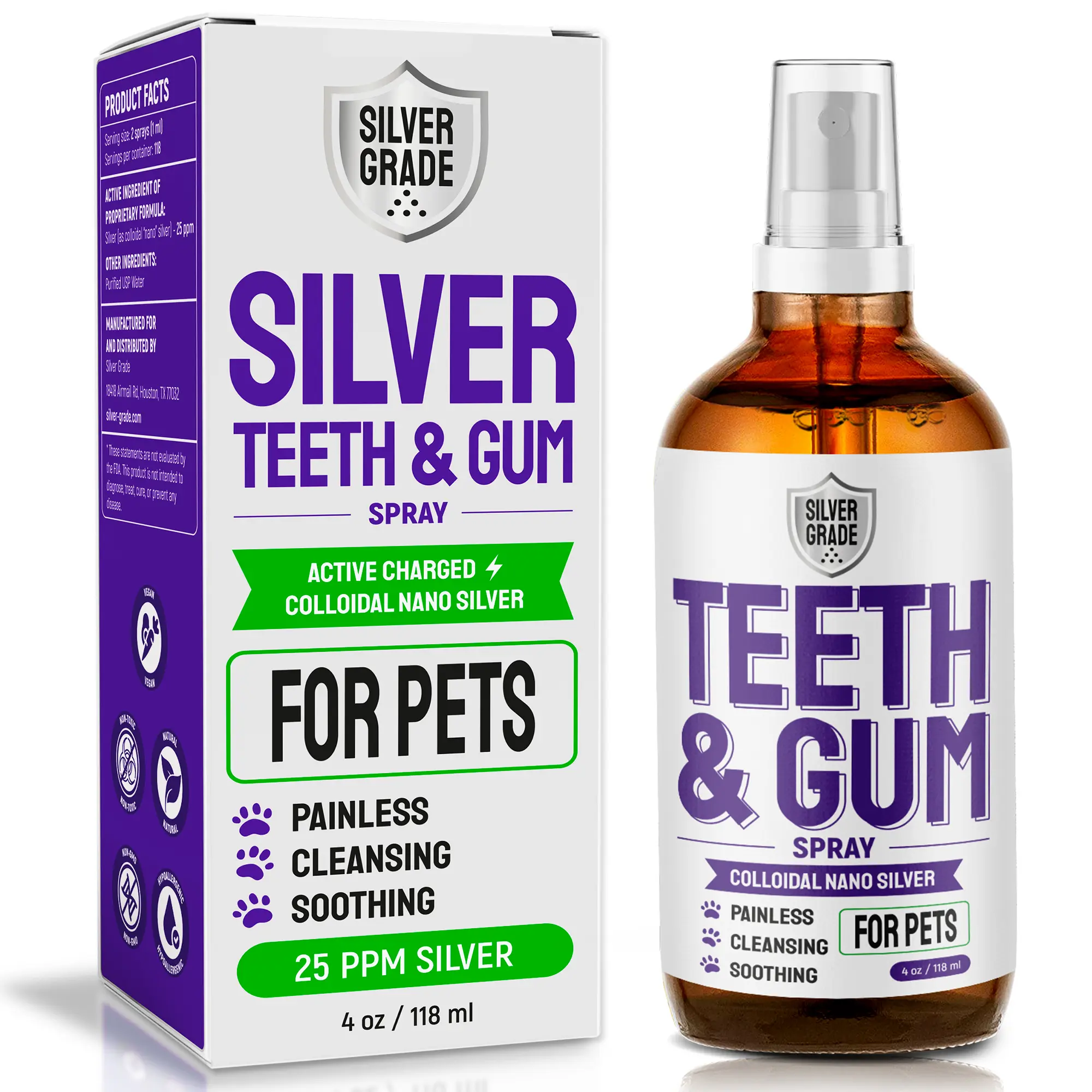 SILVER GRADE Teeth & Gum Cat & Dog Breath Freshener Spray – No Brushing Dog Dental Care Helps with Tartar & Caries – Pet Plaque Remover with Silver 25 PPM – Gentle Formula for Healthy Gums – 4 oz