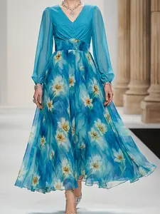 Women's Spring Summer Blue Print Floral Chiffon Lightweight Womenswear Party Dress, Big V Neck Long Sleeve Casual Slim-Fitting, Tie Dye Style
