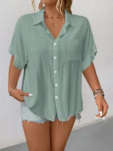Plus Size Women's Summer Must-Have, Mint Folded Short Sleeve Loose Shirt, Blouse, Chest Pockets, Breathable, Boho Style, Perfect for Casual Outing