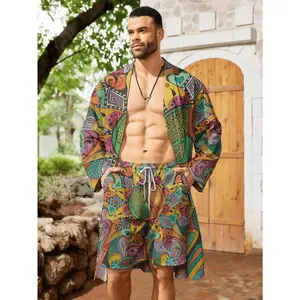Vintage Abstract Art Print Two-Piece Outfit – Men's Kimono Cardigan and Matching ShortsMensFashion # BeachWear Bohemian style
