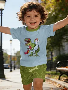 Summer Party Dinosaur Digital Print Toddler Short Sleeve Set, Baby Clothes, Baby Casual Children's Clothing, T-Shirt Suitable for Daily, Active Play and Outdoor Sports, 100% Polyester, Durability, Gift for Infants and Toddlers