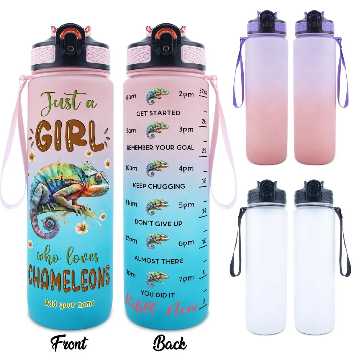 1pc 32oz Sports Water Bottle Just a Girl Who Loves Chameleons Themed Design with Colorful Chameleon Illustration Floral Accents Feature Perfect for Daily Hydration Chameleon Lovers Gift Giving