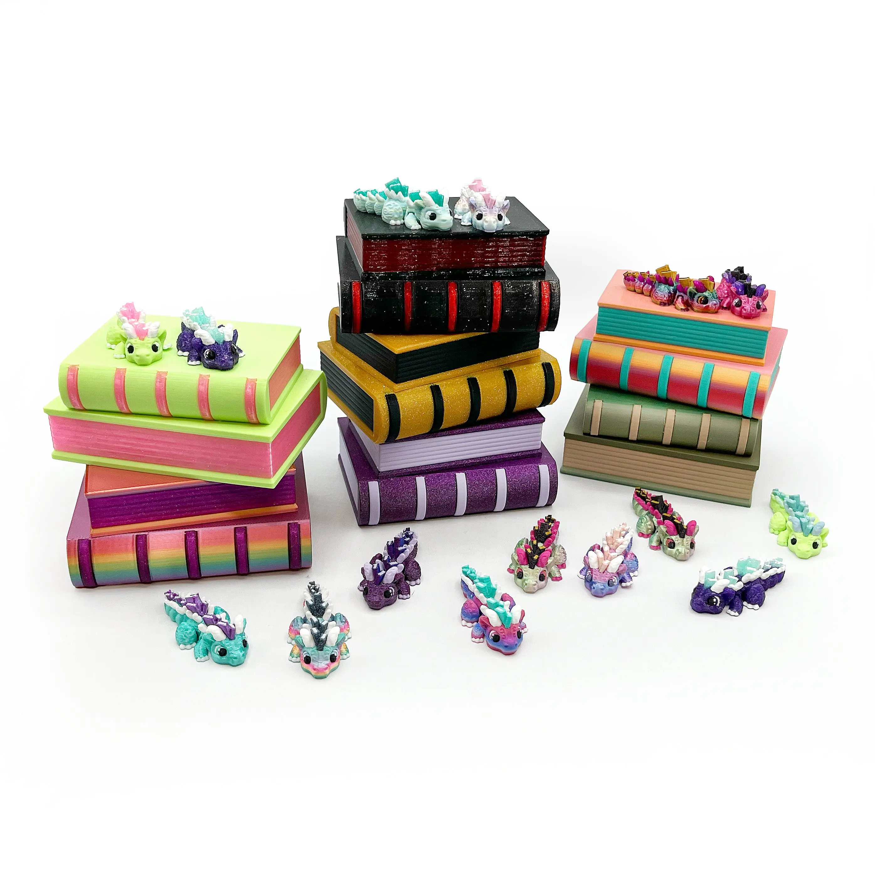 Book Dragon Micros – Book Stack Box with 6 Mini Articulated Dragons | Cute Bookish Container Set