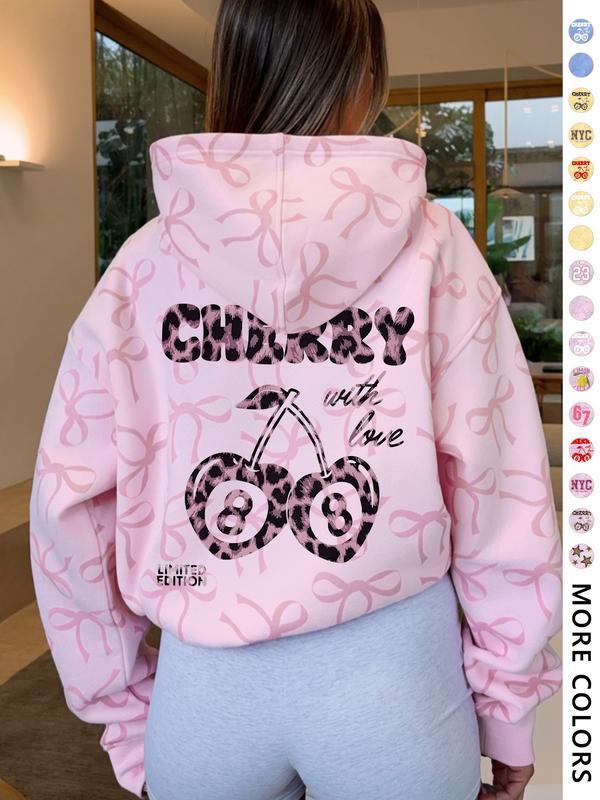 Women's Hooded Sweatshirt with Bow Print, Long Sleeve Fitted Casual Top, Spring & Fall Fashion, Perfect Gift for Valentine's Day