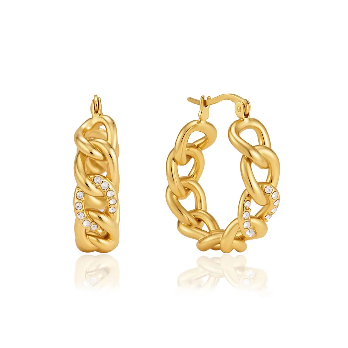 QUEENDO Chunky Hoop Earrings - Copper Base Cuban Link Design, Pave-Stone Inlaid Open Chain Hoops, Polished Gold-Tone Statement Jewelry, Latch-Back Clasp, Hip-Hop Vibe Stackable Gift for Daily & Party Ready Wear, Unisex Wear