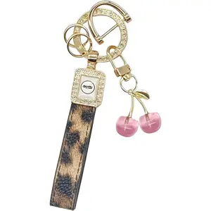 BloomWish S Cherry Keychain Wristlet Leather Car Keychain for Women Cute Purse Bag Charms Key Fob Holder with Keyrings Gifts