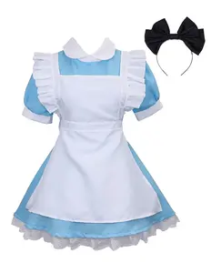 Women's Anime Cosplay Outfit Blue Maid Apron Fancy Dress Costume Set Comic Accessories Alice wonderland Fairy Halloween plus size Birthday Check