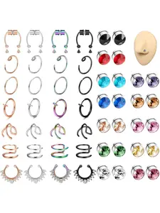 52 Pcs Colorful Fake Nose Ring Set for Women Men Premium Stainless Steel Alloy Magnetic Clip-on Non-piercing Design for Effortless Wear Fashionable Assorted Kit Rich Vibrant Colors Diverse Classic Styles Realistic Nose Piercing Looks