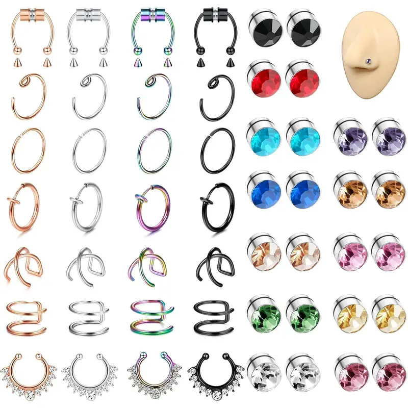 52 Pcs Colorful Fake Nose Ring Set for Women Men Premium Stainless Steel Alloy Magnetic Clip-on Non-piercing Design for Effortless Wear Fashionable Assorted Kit Rich Vibrant Colors Diverse Classic Styles Realistic Nose Piercing Looks Non Piercing Jewelry