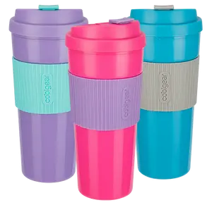 COOLGEAR 3-Pack 19 oz Eco 2 Go Coffee Mug with Protective Removable Band | Dishwasher Safe, Spillproof, Double-Wall Insulated Travel Mug for Coffee, Tea, and More | Blue/Pink/Purple