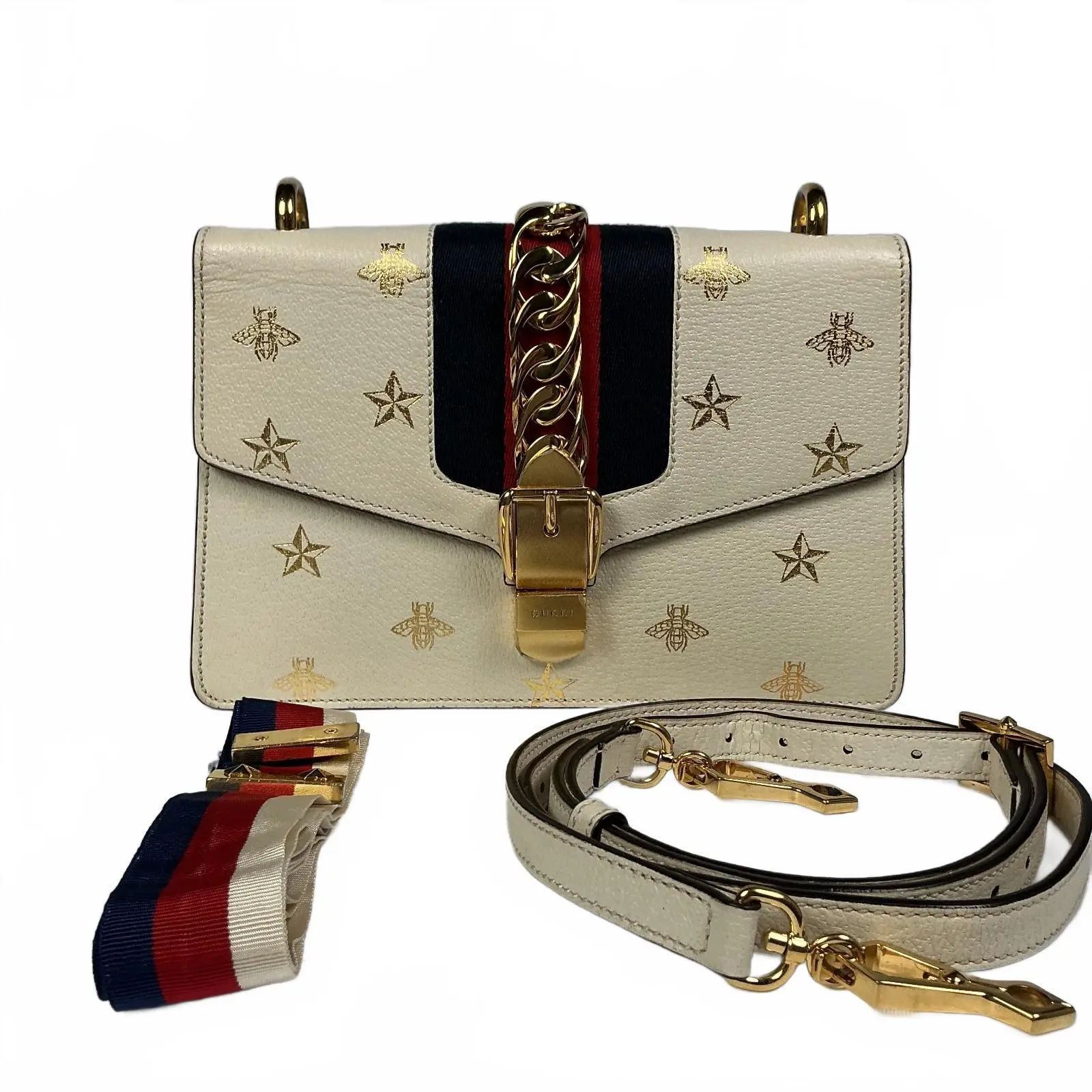 Pre-owned GUCCI Leather Shoulder Bags Sylvie Bee Star Ivory Shoulder Bag