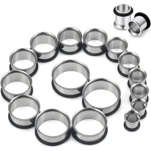 12G-25mm Single Flared Gauges Tunnels Stretching Kit 316L Surgical Steel O-ring Ear Gauges Plugs Earring Lobe flesh Tunnel Gauge Stretcher Silver Black Gold Color Tone
