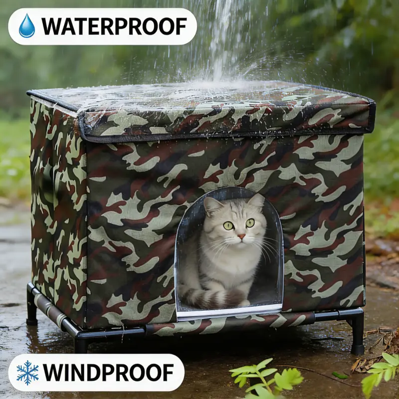Military Green Outdoor Pet Cat House - Polycotton, Warmth-Focused, Rainproof Windproof Shelter with 2 Safety Escape Doors, Detachable Waterproof Mattress for Stray Cats, Small