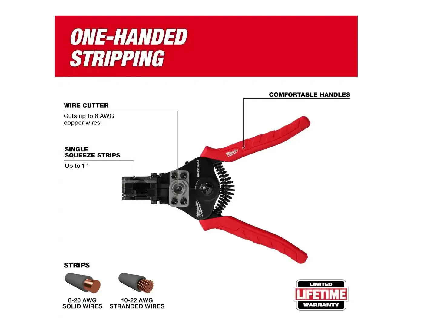 Milwaukee 48-22-3083 Automatic Wire Stripper & Wirecutter - Professional Hand Tool with Comfortable Handles, 1" Strip Reach, Quick Strip & Cut, Spring-Open Ease for DIY Projects