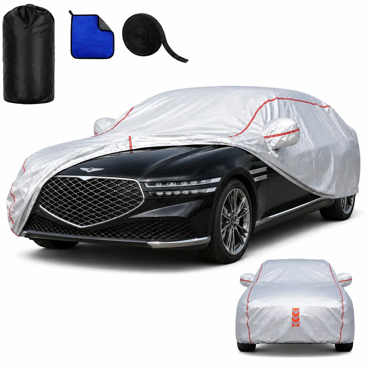 Car Cover for Genesis G90,All-Around Fastening 60s Quick-Install, 4 Upgrades for Car Cover Waterproof All Weather Car Protector