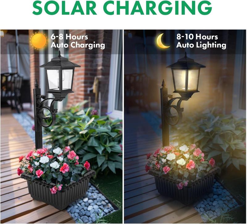 Hoodink 2 Pcs Solar Post Light With Planter, Room Decor For Easter Wedding Decorations, Black Post Light, 2 In 1 Outdoor Solar Post Light For Porch Front Door Patio Roadside Decoration