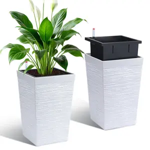 Self-Watering Tall Planters Set of 2 16 Inch Large Square Plastic Flower Pots with Drainage Holes Water Level Gauge Built-in Handles Heavy Duty Durable Design Perfect for Indoor Outdoor Patio Balcony Garden Home Decor Planting Use