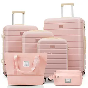 Luggage Sets 6 Piece with Duffel Bags, 16/20/24/28 Inch Spinner Suitcase Set with Expandable Travel Duffel Bag & Waterproof Toiletry Kit, Adjustable Handle, Pink