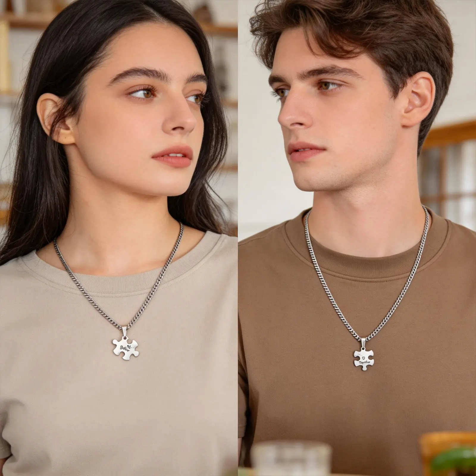 Couple Puzzle Necklaces Stainless Steel Puzzle Heart Pendant Chain, Romantic Gift for Couples, Anniversary, Valentine’s Day Jewelry Gifts