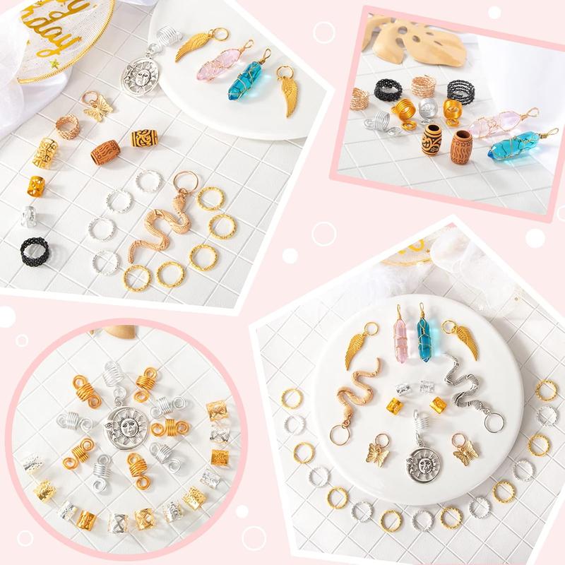 "200PCS Dreadlock Beads and Hair Jewelry Set – Gold & Silver Braiding Cuffs, Crystal Charms, Metal Coil Rings, Hair Clips & Loc Tubes for Braids, Twists, Dreads & Hair Decoration"