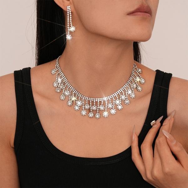 ANDKISS 2-Piece Set: Light Luxury Style Stud Earrings and Necklace, Diamond Embellished Floral and Tassel Design, Western Inspired, Unique and Sophisticated Jewelry for Women, the Perfect Gift for Girls, Moms, or Best Friends