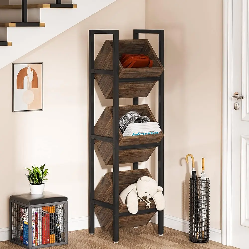 Tribesigns 3-Tier Wood Snack Rack with Baskets for Kitchen, Bathroom & Living Room, Rustic Vertical Fruit Stand Organizer Tribesigns 3-Tier Wood Snack Rack with Baskets for Kitchen, Bathroom & Living Room, Rustic Vertical Fruit Stand Organizer