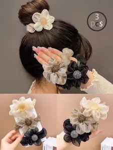 3pcs-Girls-Floral-Hair-Accessories-Set-For-Buns-Including-Beige-Organza-Flower-Hair-Elastic-Brown-Flower-Hair-Clip-And-Black-Hair-Tie-That-Are-Suitable-For-Daily-Life