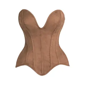 Top Drawer Steel Boned Tan Suede Deep Plunge Overbust Corset Top
