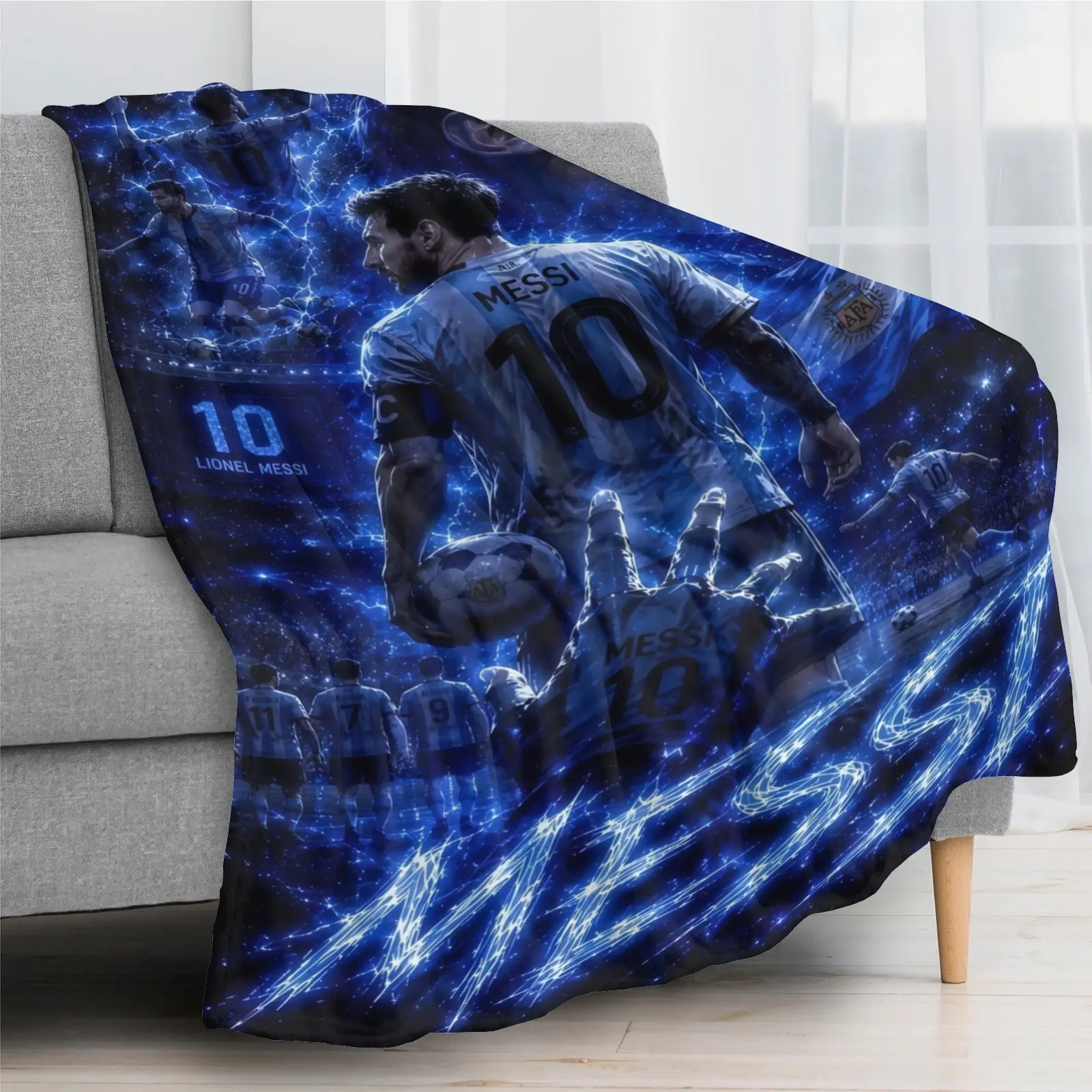 Lionel Messi 10 Argentina National Team Collage Flannel Throw Blanket, Cool Neon Blue Lightning Soccer Star Print, Soft Cozy Lightweight Plush Blanket, Sports Themed Home Decor for Sofa Bedroom, Perfect Football Fan Gift for Teens and Adult Supporters