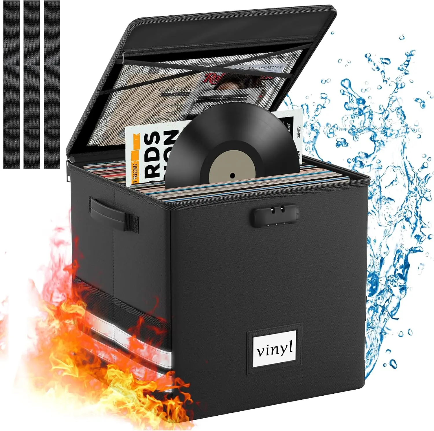 Onvvippiv 12-Inch Silicone-Coated Fireproof Waterproof Vinyl Record Storage Bin with Fireproof Lock, Collapsible Handle-Equipped Black Home Organizer for 100+ Albums, Box Lock Storage Boxes