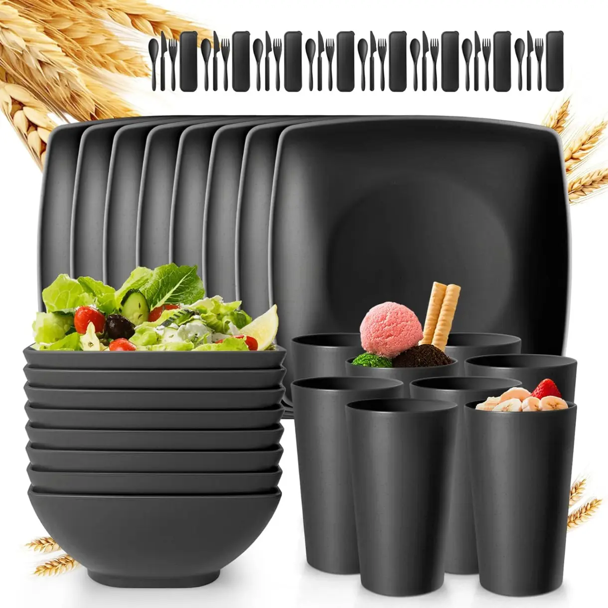 24-piece With Flatware Kitchen Plastic Wheat Straw Square Dinnerware Set for 8, Unbreakable Dinner Plates, Snack Bowls, Tumblers 20 oz, Dishwasher Safe, Black