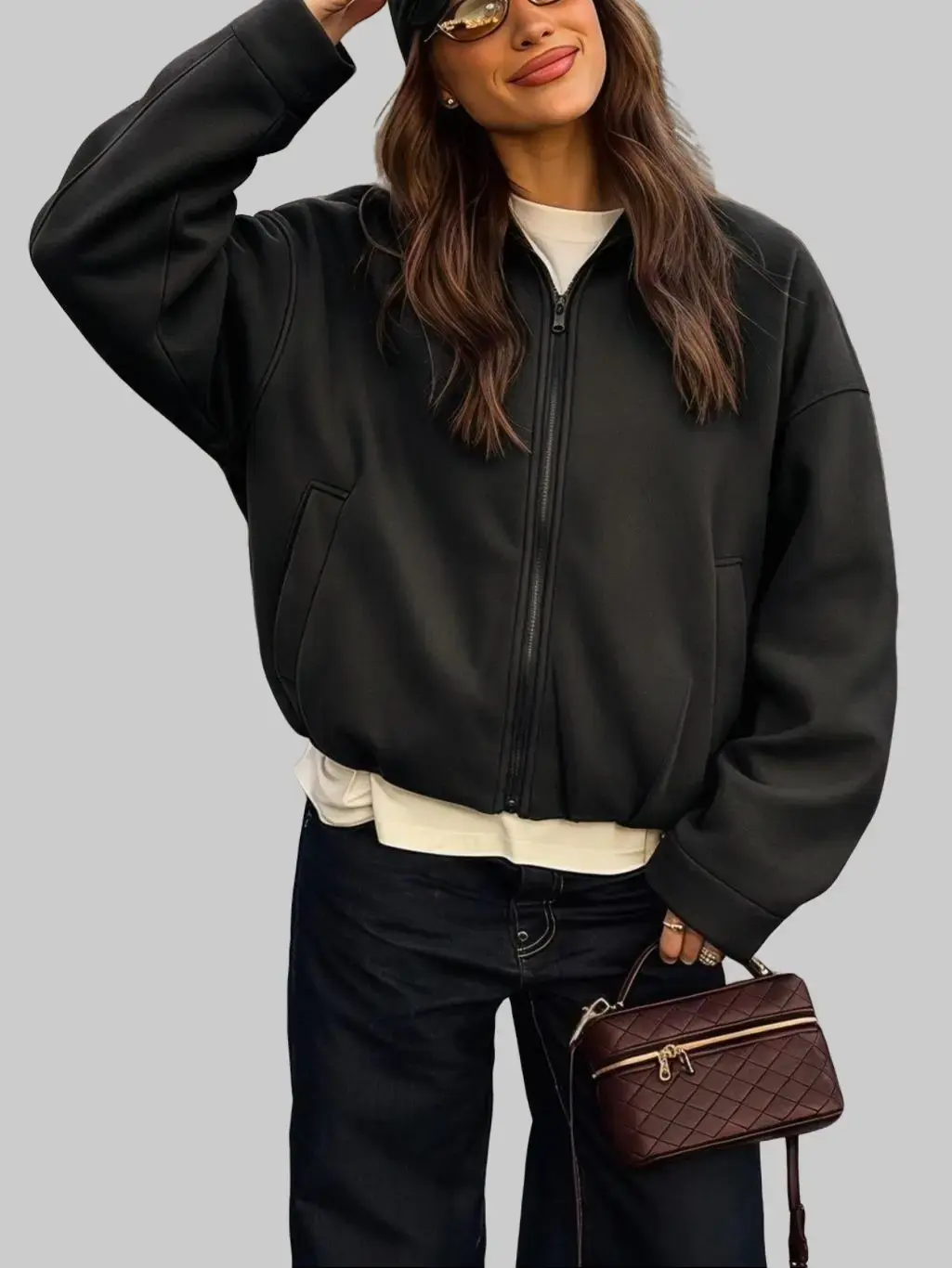 ZEAGOO Women's Minimalist Oversized Zip-Up Cropped Faux Wool Bomber Jacket Long Sleeve Loose Fit Smooth Solid Basic Outerwear for Fall Winter Casual Wear