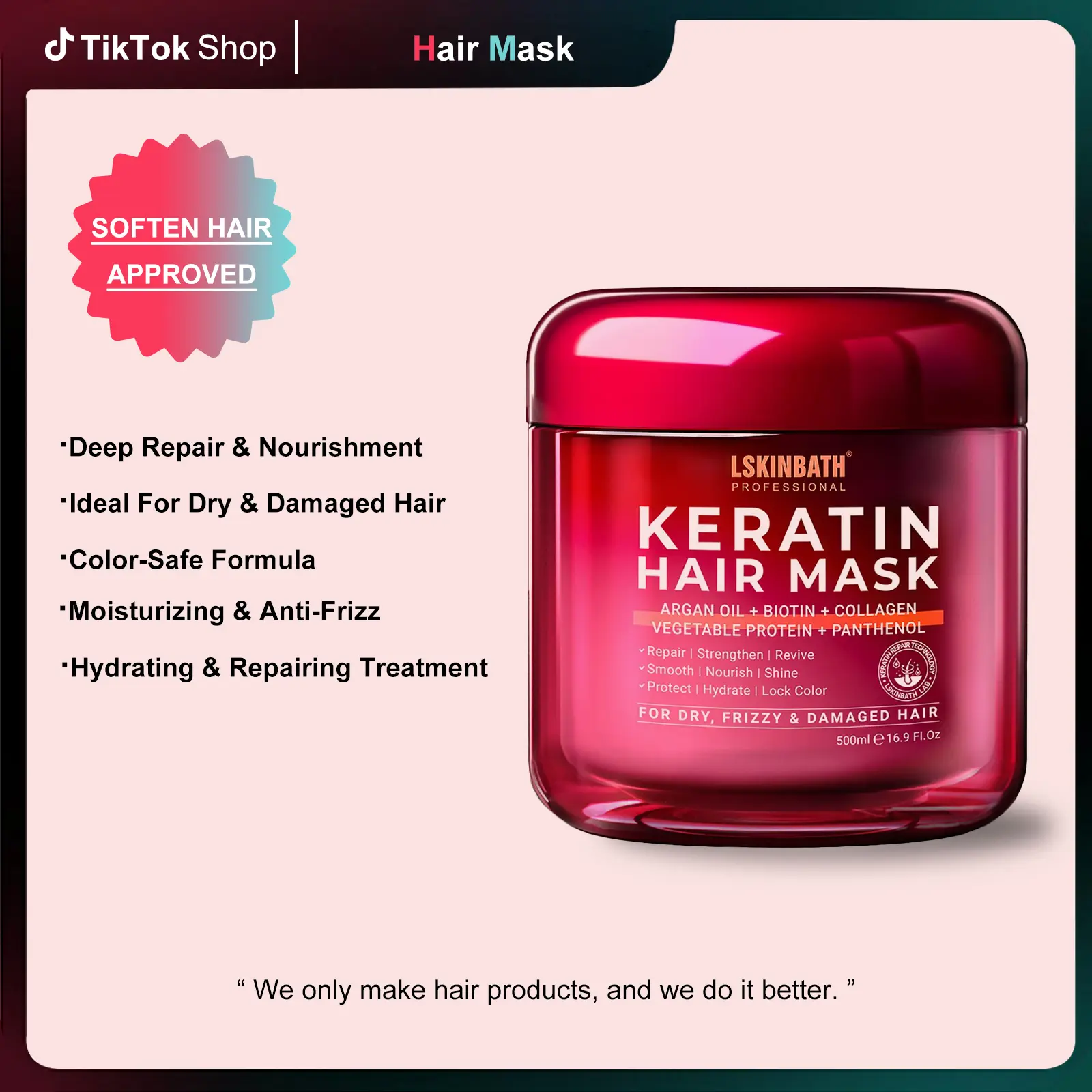 LSKINBATH Keratin Hair Mask with Olive Oil & Keratin - Nourishing, Smooth, Color-Safe, Moisturizing Treatment for Dry & Damaged Hair, 16.9 Fl.Oz Family Pack - Hydrating