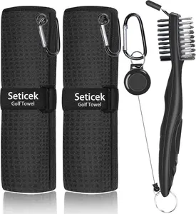 2 Pack Golf Towel (16" X 16") with Club Brush, Microfiber Waffle Pattern Golf Towels for Golf Bags for Men,Essential Golf Combo Cleaning Kit (Black)