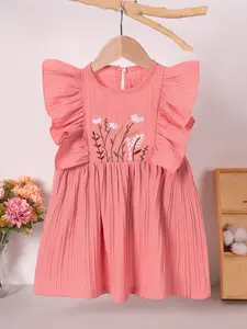 1pcsSummer Style Baby Girl Floral Dress, Small Flower Embroidered Detail Butterfly Sleeves, Sweet Garden Toddler Fitted Cut Thin Plain Round Neckline One-Piece