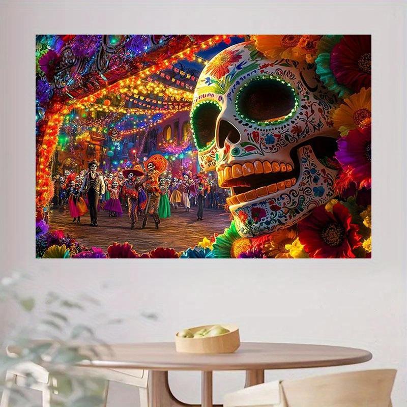 1pc 2D Flat Large Dia de los Muertos Sugar Skull Party Backdrop Vibrant Mexican Folk Art Wall Decoration with Calavera Design Colorful Papel Picado & Marigold Garland No Electricity Needed Durable for Day of the De Banners Ornaments